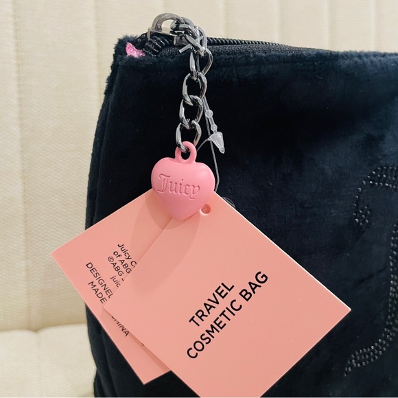 NEW Juicy Couture Black Velour‎ XL Multi Compartment Rhinestone Logo Makeup Bag - Picture 4 of 6